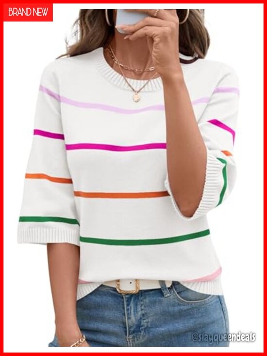 Sweaters - Womens Lightweight Knit Striped 3/4 Sleeve Crew Neck Pullover Sweater